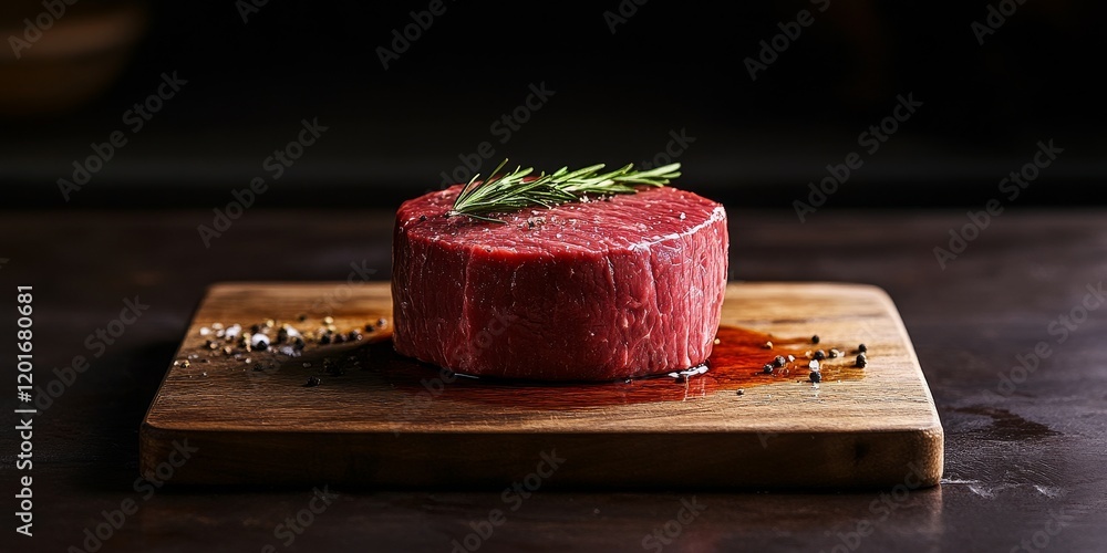 Poster ready to cook, this raw beef fillet mignon is perfectly placed on a cutting board, showcasing its pr