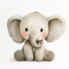 A watercolor painting of a cartoon toy elephant against a white background.