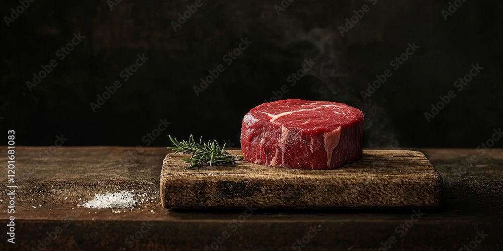 Poster raw steak elegantly displayed on a wooden board against a dark backdrop. this red meat shines on the