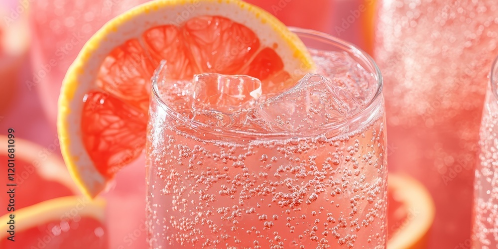 Poster a refreshing image of pink grapefruit soda, showcasing the vibrant color and effervescence of pink g