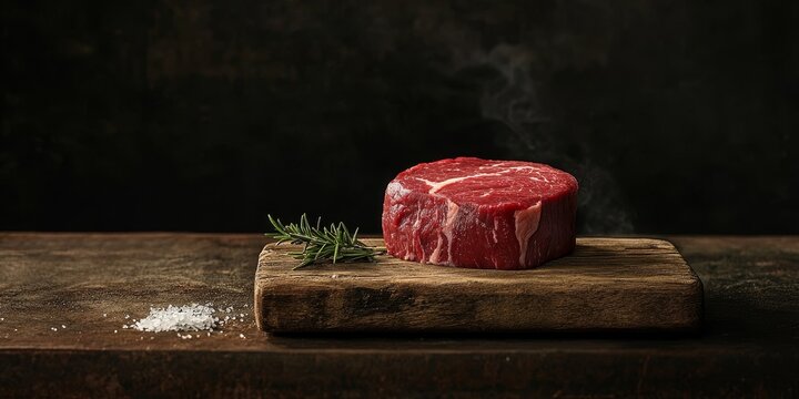 Raw steak elegantly displayed on a wooden board against a dark backdrop. This red meat shines on the rustic table, enhanced by contrasting dramatic light for an artistic touch.