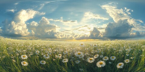 Panorama of a chamomile field featuring vibrant sun and dynamic cloudscape, showcasing the beauty of chamomile in a stunning landscape highlighted by the interplay of light and nature.