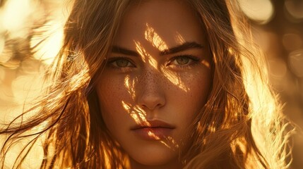 Close-up portrait of a young woman with freckles, golden sunlight illuminating her face and hair.