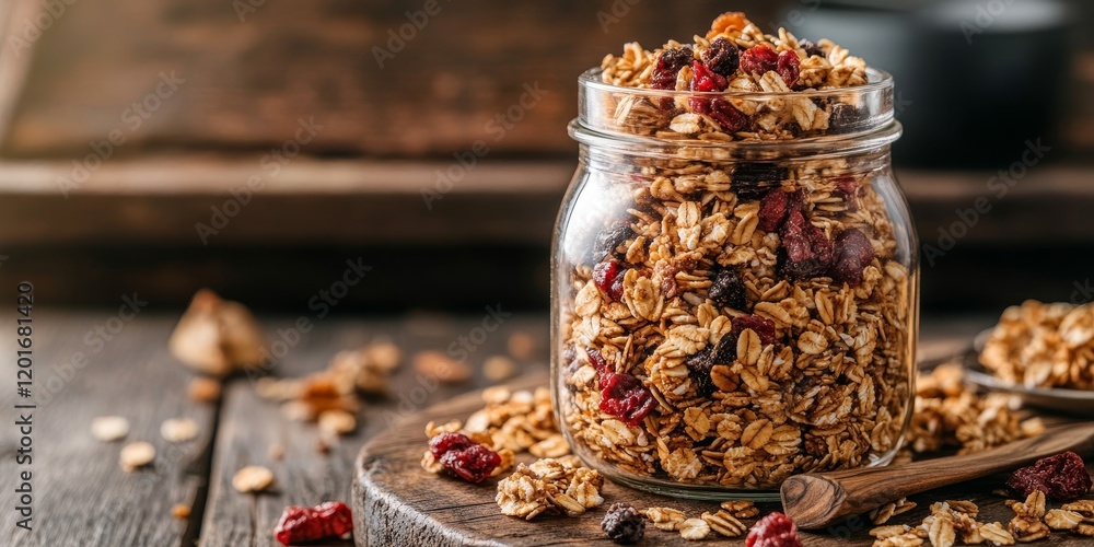 Poster homemade granola in a glass jar displayed on a rustic wooden table offers a delightful and healthy b