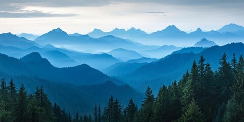 Obraz premium Morning views of the stunning Cascade Range Mountains from Shriner Peak Trail, showcasing the breathtaking beauty of the Cascade Range Mountains in early daylight.