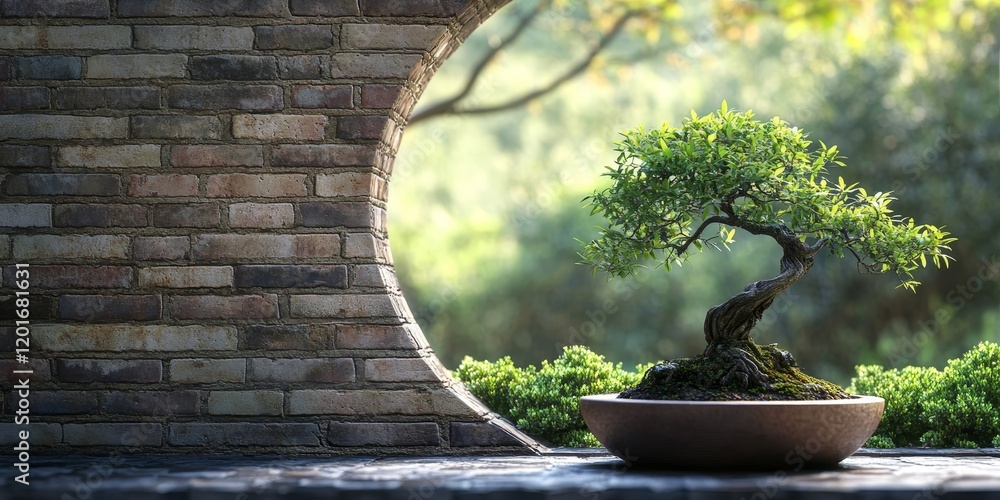 Aufkleber brick wall features a round window door leading into an open garden, showcasing a small bonsai tree 