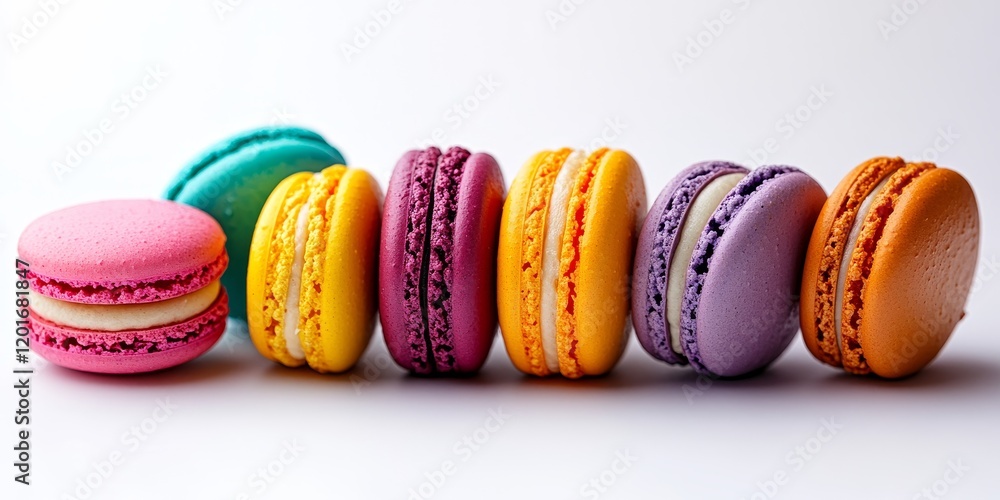 Poster vibrantly hued macarons placed against a pristine white backdrop. these delightful macarons showcase