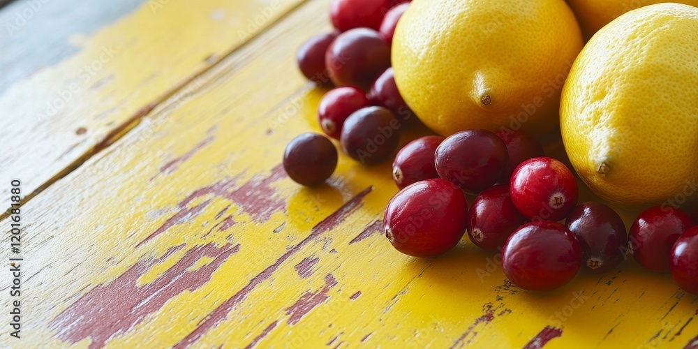 Poster close up of fresh lemons and cranberries on a vibrant yellow wooden surface, offering a citrus textu