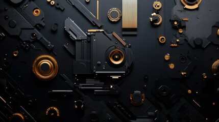 Obraz premium Abstract Close-Up of Dark Technology Background Featuring Metallic Elements with Gold and Black Color Scheme for Innovative Design and Modern Aesthetics