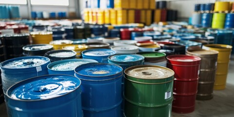 Metal and plastic barrels filled with hazardous chemicals showcase the critical aspect of waste management in industry, emphasizing the importance of effective hazardous chemical storage solutions.