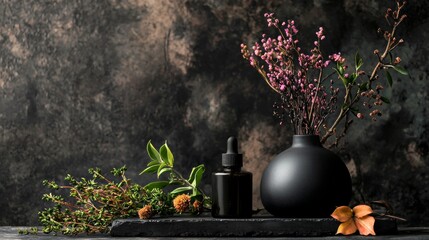 Elegant black vase with dried flowers and rustic charm