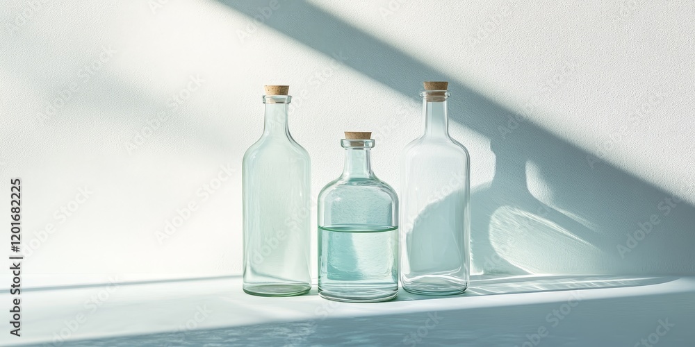 Poster image featuring three glass bottles against a white background illuminated by soft light, highlighti