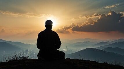 Silhouette of a people pray to the Allah on hill, Ramadhan kareem