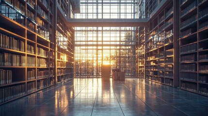 Fototapeta premium Sunlit modern library interior with bookshelves.
