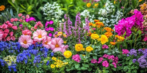 A stunning garden bed brimming with colorful and lively flowers creates a beautiful and enchanting outdoor space full of vibrancy and charm.