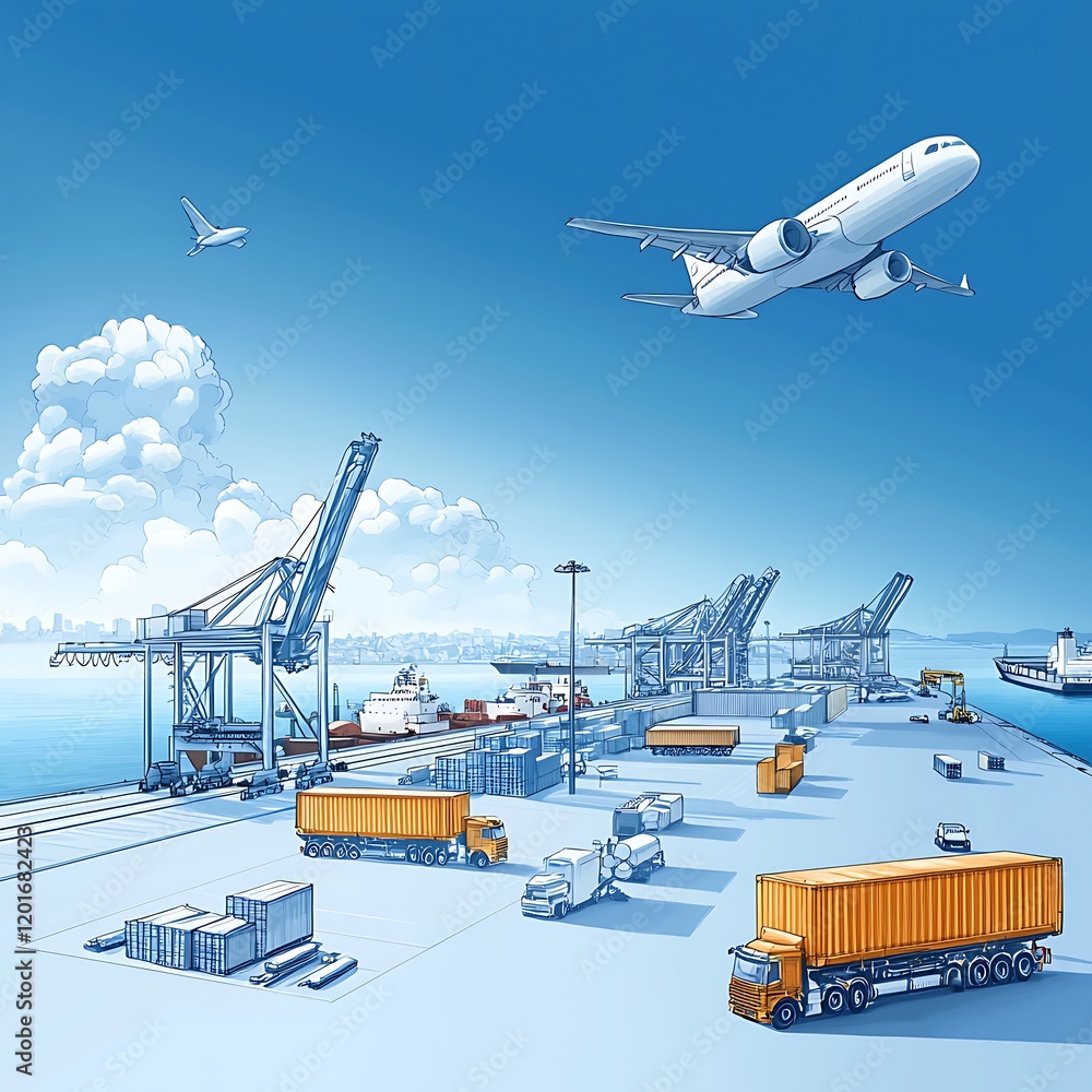 Poster aerial view of a busy port with customs checks in progress