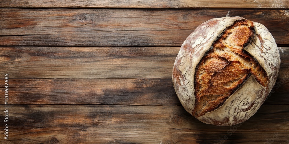 Poster rustic wooden table showcasing a loaf of bread, highlighting the texture and appearance of the bread