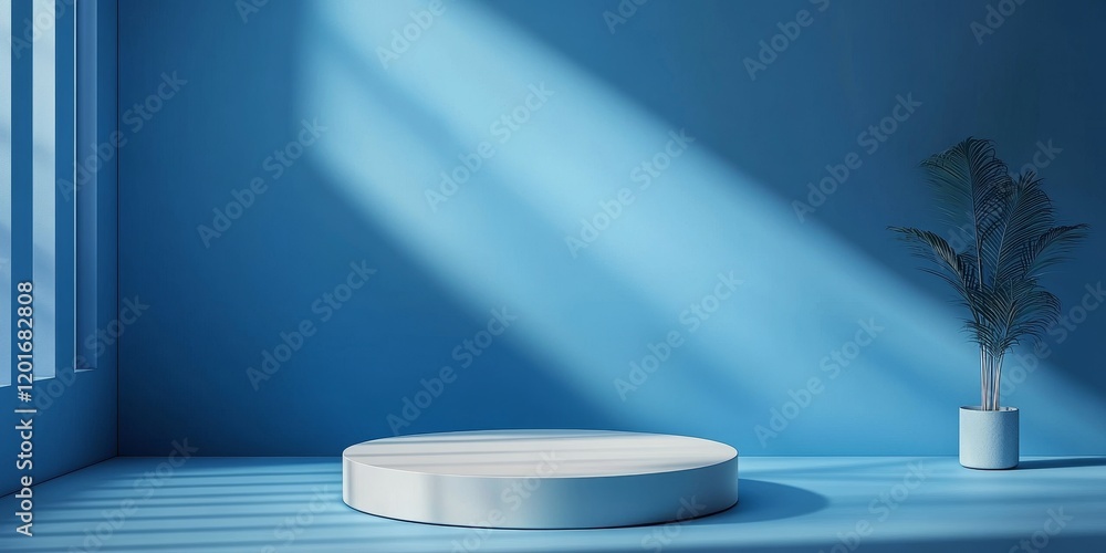 Fototapete Blue background designed for product presentation featuring shadows and light effects. Ideal for showcasing products, this blue background creates an empty podium for captivating mockups.