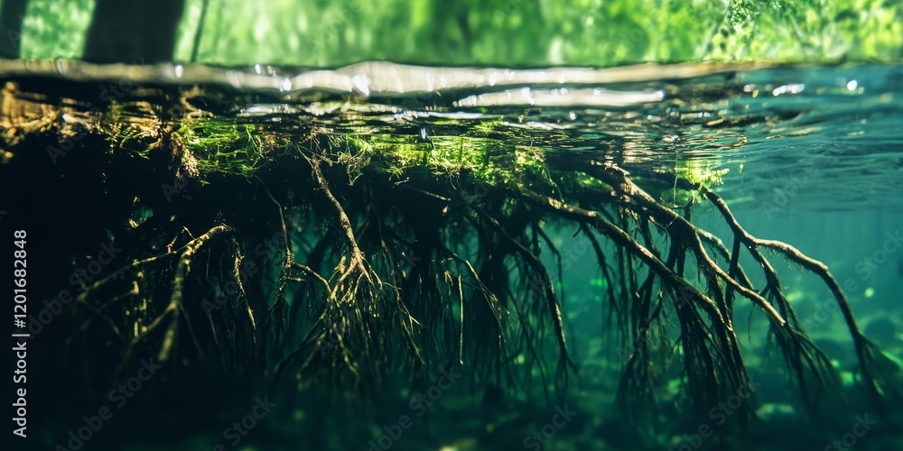 Poster tree roots submerged in water create a unique image, showcasing the beauty of nature. the scene capt