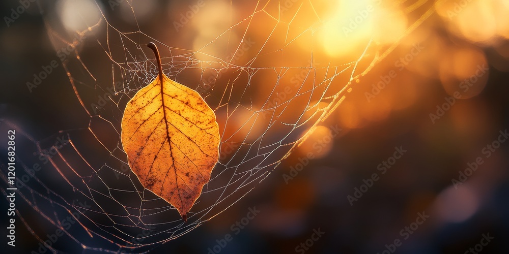 Poster Blurred backlight highlights a leaf against a captivating web, creating an enchanting scene filled with sunset light, showcasing the beauty of nature with soft, ethereal visuals in backlight and leaf.