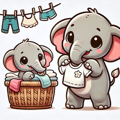 Naklejka premium Warm-Smiling Cartoon Elephant Hanging Clothes with Its Trunk