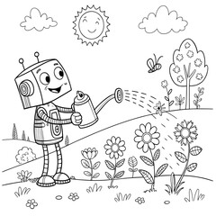 robort are playing . black and white simple line art. Perfect for kids' coloring activities.
