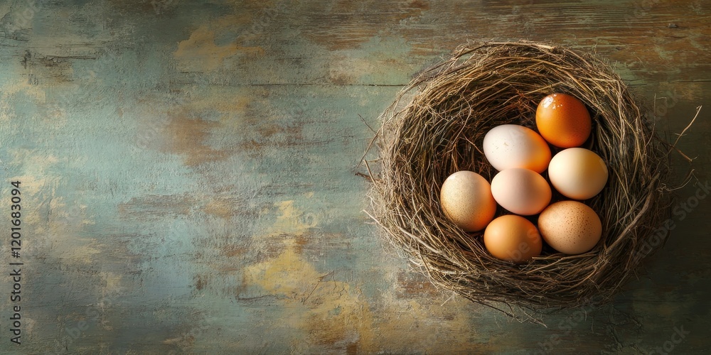 Poster Fresh eggs nestled in a cozy nest rest on a wooden table, showcasing the natural beauty of fresh eggs and their inviting presence in any setting. Fresh eggs bring warmth and charm to the scene.