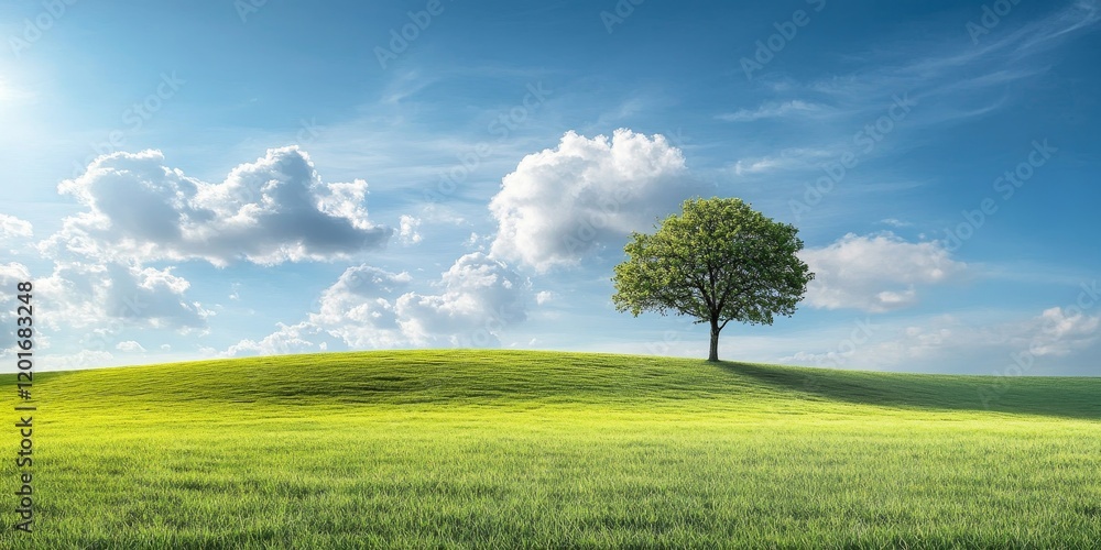 Aufkleber expansive field of vibrant green grass features a solitary tree against a backdrop of gentle clouds 