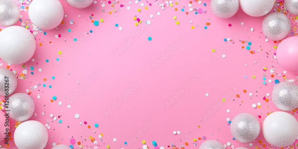 Aufkleber glittery silver and white frame featuring round balls set against a pink backdrop adorned with color