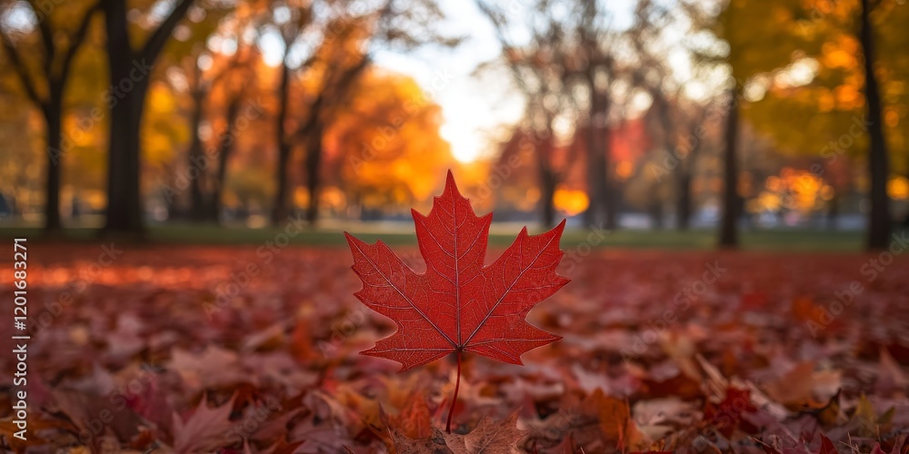 Poster portrait of a red maple leaf resting atop trees in a park outdoors, showcasing the vibrant colors an