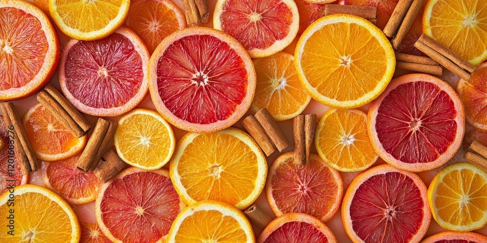 Poster vibrant orange and red citrus circle slices garnished with cinnamon create a stunning visual. these 