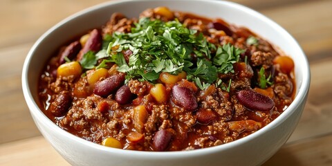 Delicious bowl of chili con carne featuring a variety of fresh ingredients. This chili con carne is richly flavored and perfect for any meal, showcasing vibrant ingredients in every bite.