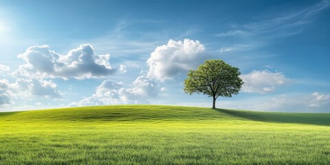 Expansive field of vibrant green grass features a solitary tree against a backdrop of gentle clouds in the bright blue sky, creating a serene landscape of green grass and natural beauty.