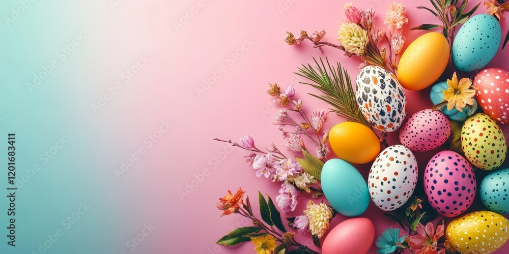 Poster Vibrant Easter decoration background featuring colorful eggs in a delightful springtime composition, creating a cheerful atmosphere with ample copy space for your creative ideas.