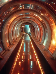 Obraz premium Futuristic spaceship interior with glowing control panels, expansive corridor sci-fi. Generative AI