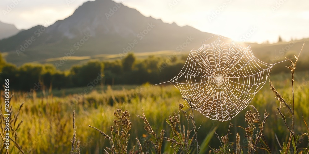 Wall mural morning spider web at the mountain, showcasing the intricate design of a spider web glistening in th