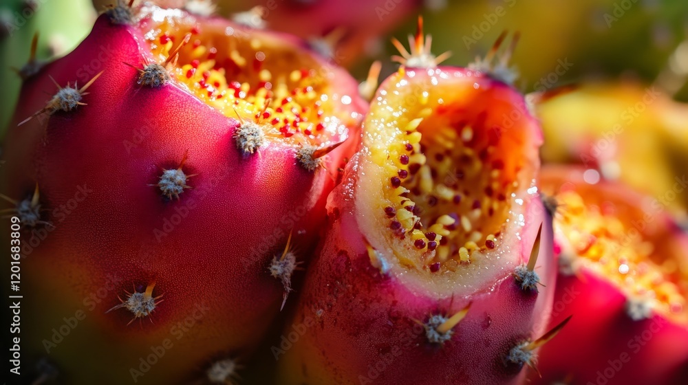 Aufkleber closeup of an opened prickly pear reveals its vibrant interior, showcasing the unique texture and co