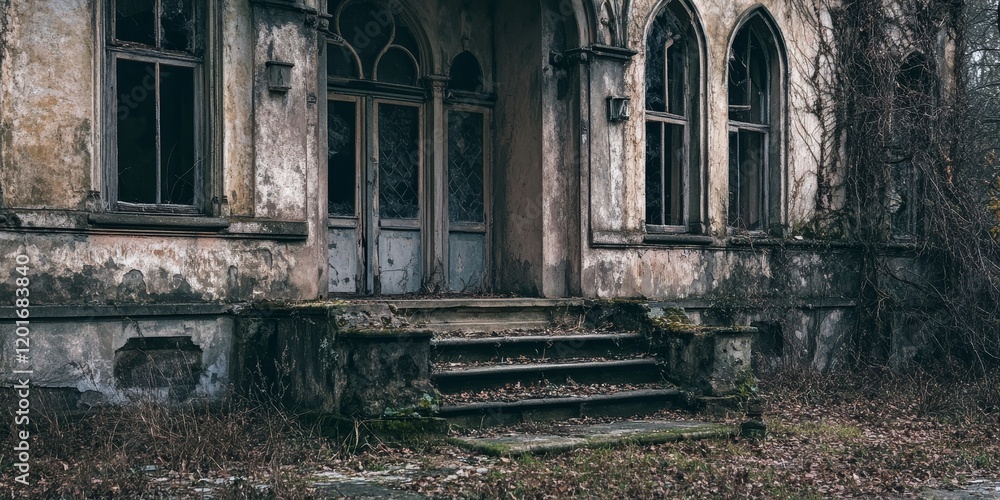 Aufkleber a weathered and decaying abandoned building showcasing its old architecture in a secluded setting, highlighting the charm of an old ruined abandoned building through its remarkable features