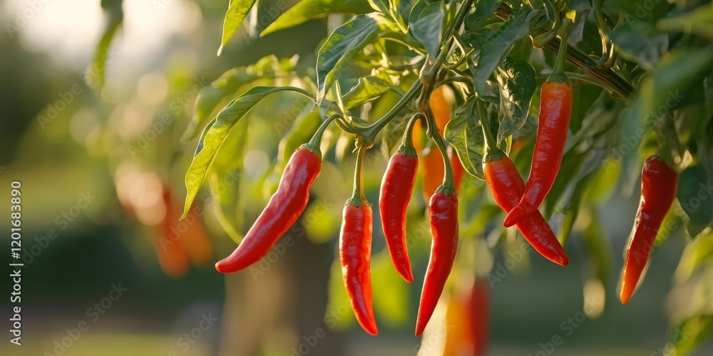 Poster vibrant red and orange cayenne peppers hang from the branches of a tree, showcasing the beauty of fr