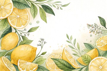watercolor lemons frame with copyspace on the white background