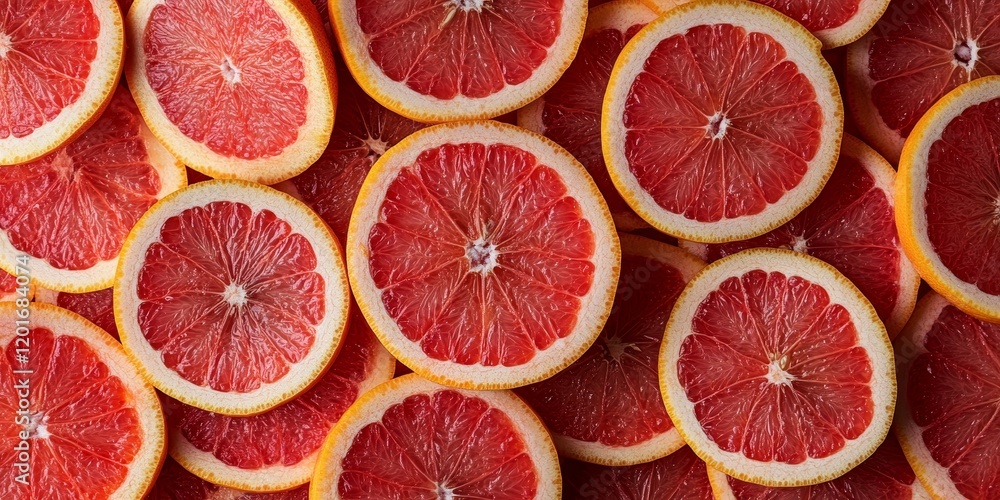 Aufkleber Top view of vibrant red grapefruit slices arranged beautifully, showcasing the fresh and juicy qualities of red grapefruit. This image highlights the rich color and texture of red grapefruit slices.