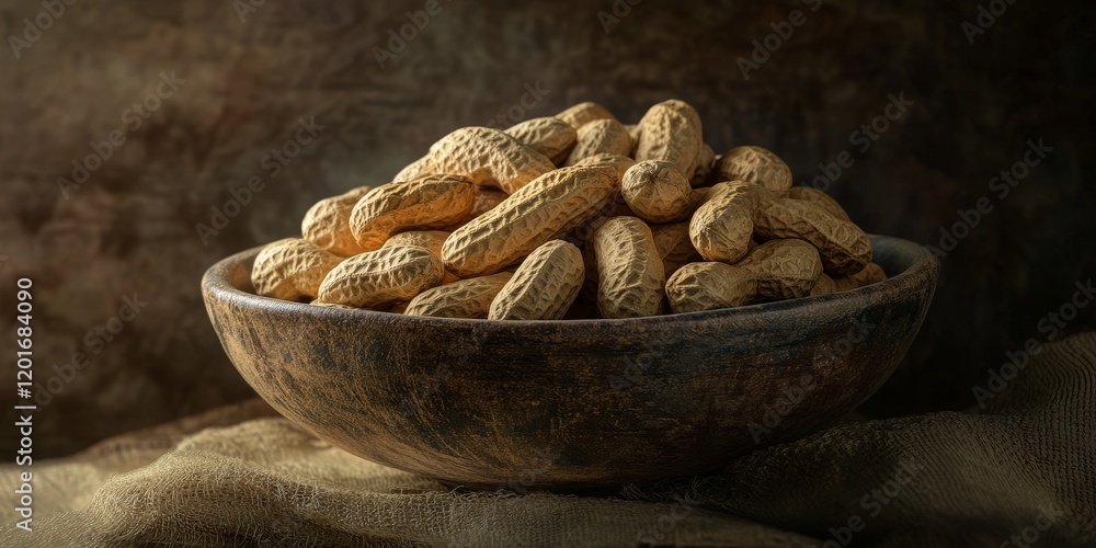 Poster Bowl of peanuts with a toning effect, featuring peanuts in sharp focus. This image highlights the texture and color of peanuts, making the peanuts the central theme of the composition.