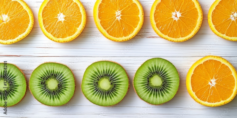 Poster fresh kiwi and orange slices arranged on a white wooden background. a vibrant display of kiwi and or