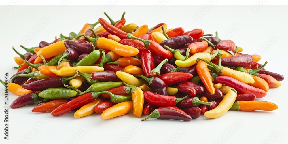 Poster Heap of chili peppers displayed in isolation on a white background, showcasing the vibrant colors and textures of chili peppers in a visually appealing arrangement.