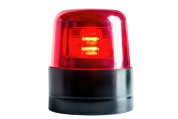 Red siren emergency warning light with black base that are currently on with white background PNG