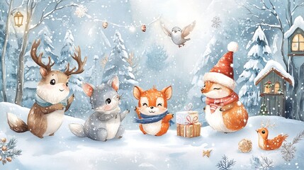 Charming winter watercolor collection featuring adorable animal characters in festive settings. 