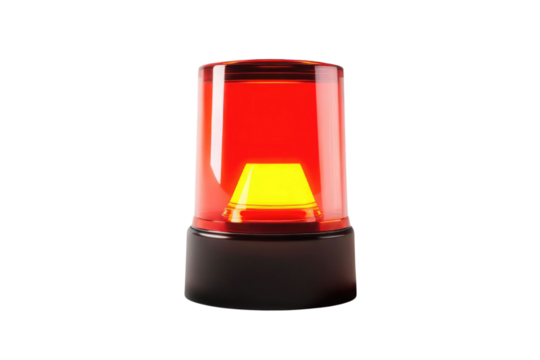 Red siren emergency warning light with black base that are currently on with white background PNG
