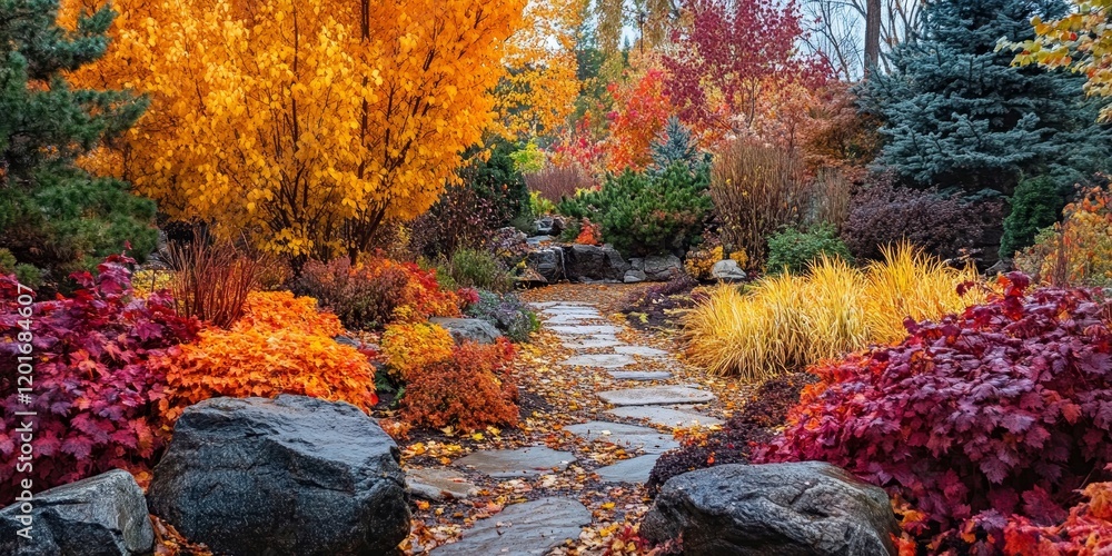 Poster vibrant autumn colors adorn the garden, showcasing a beautiful display of autumn colors that create 