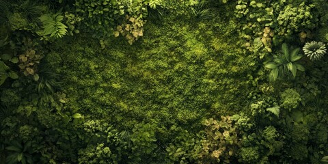Fototapeta premium Looking down onto a woodland, one can see the forest floor blanketed in moss, creating a lush green carpet throughout the area.