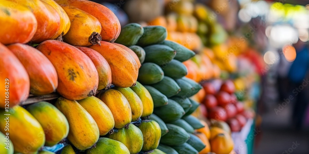Poster Close up of a vibrant stack of papayas displayed on a market stall, showcasing the fresh and colorful papayas that are perfect for enjoying or adding to various dishes.